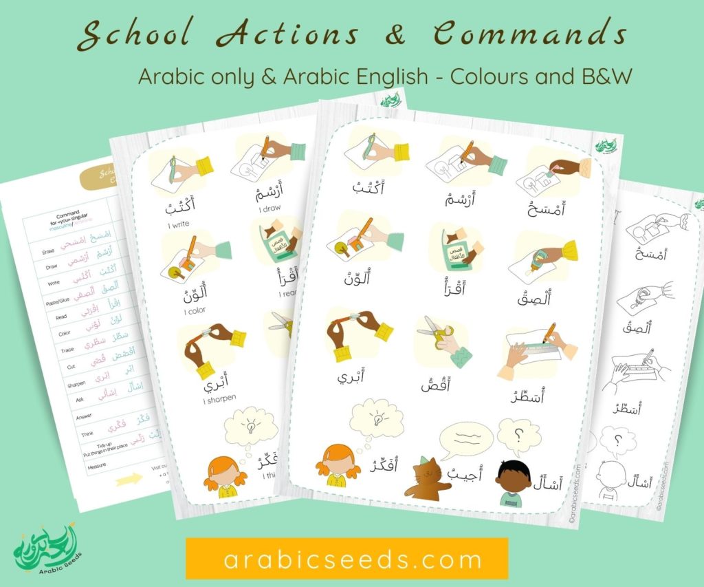 Arabic school actions printable poster and commands - Arabic only & Arabic English - Arabic Seeds