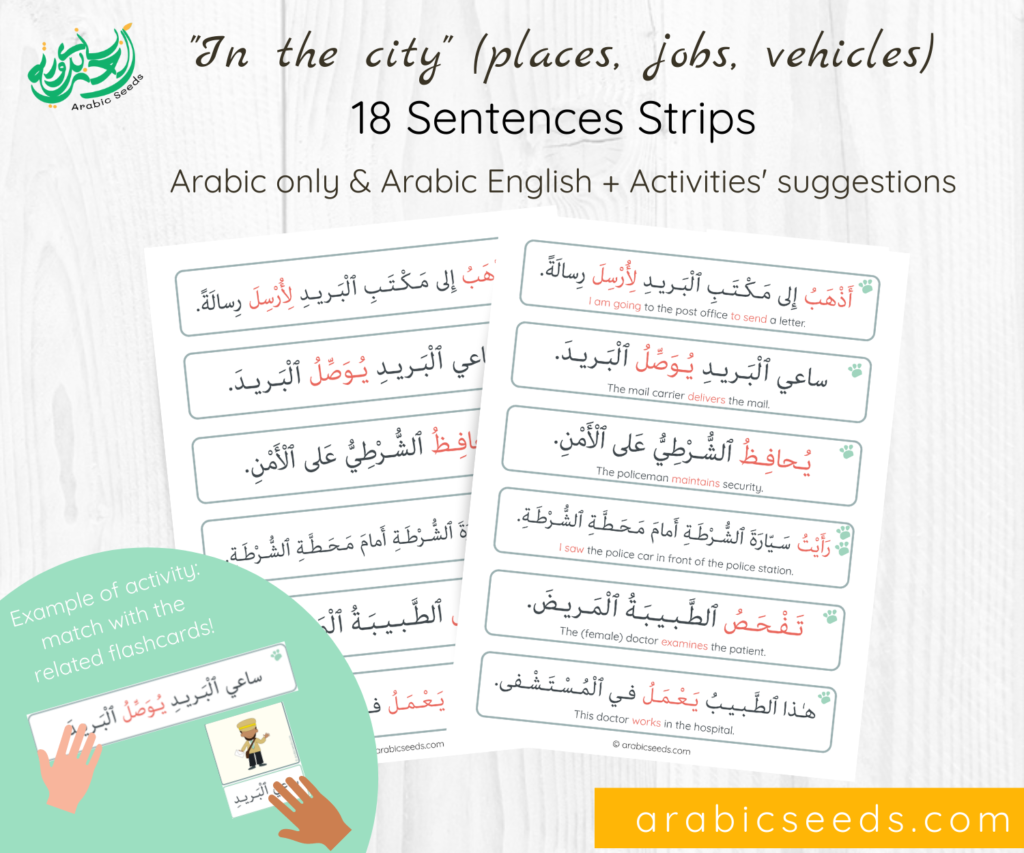 Arabic City theme Sentences Strips - places jobs vehicles - Arabic Seeds printables