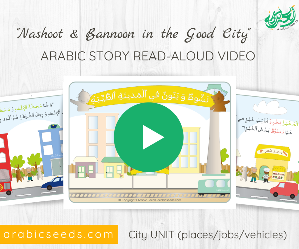 Arabic Video City Story read aloud - Nashoot and Bannoon in the good city - city vehicles places jobs themed unit - Arabic Seeds