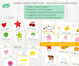 Arabic Colors flashcards and sorting activities - masculine and feminine Arabic color forms - Arabic Seeds printables